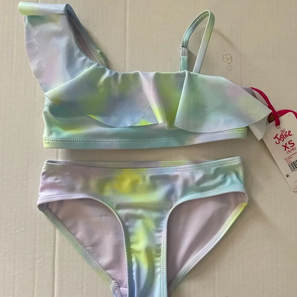 Justice 2 piece bikini purple blue greenish yellow tie dye Size: X Small (5-6)